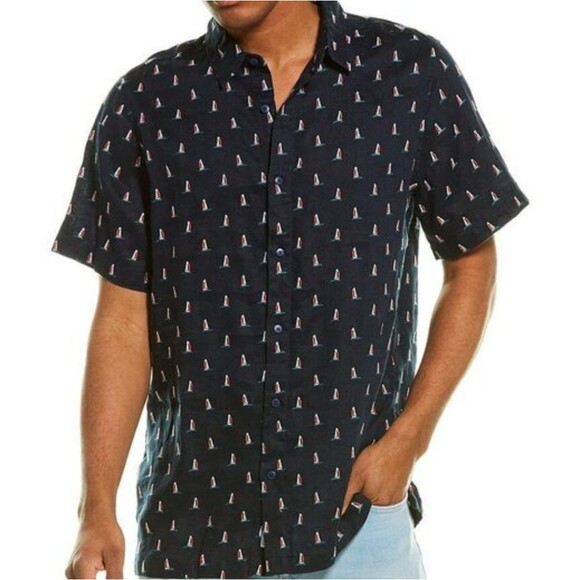 Onia 100% Linen Samuel Embroidered Sailboat Short Sleeve Buttondown Blue Shirt - Picture 1 of 12